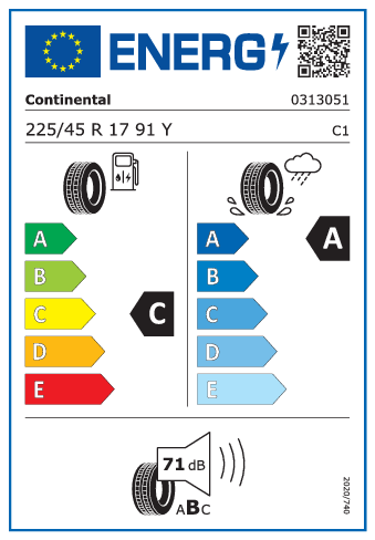Neumático 225/45 R17 Continental PremiumContact 7 TL - Índice De Carga/Velocidad 91Y, Para Uso En Europa (UE)